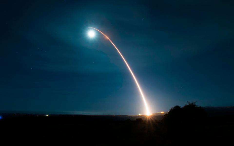 This US Air Force photo shows an unarmed Minuteman III intercontinental ballistic missile as it launches during a developmental test in California - Clayton WEAR / US AIR FORCE / AFP