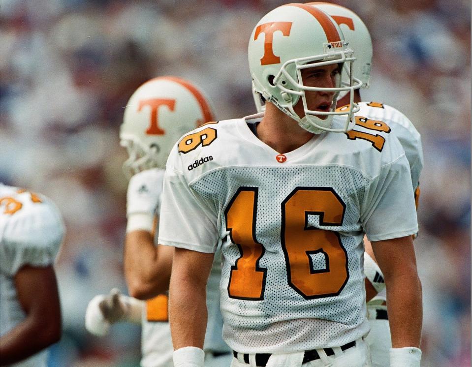 USA - SEPTEMBER 20: Peyton Manning of the Tennessee Volunteers looks on against the Florida Gators  on September 20, 1997. (Photo by Sporting News via Getty Images via Getty Images)