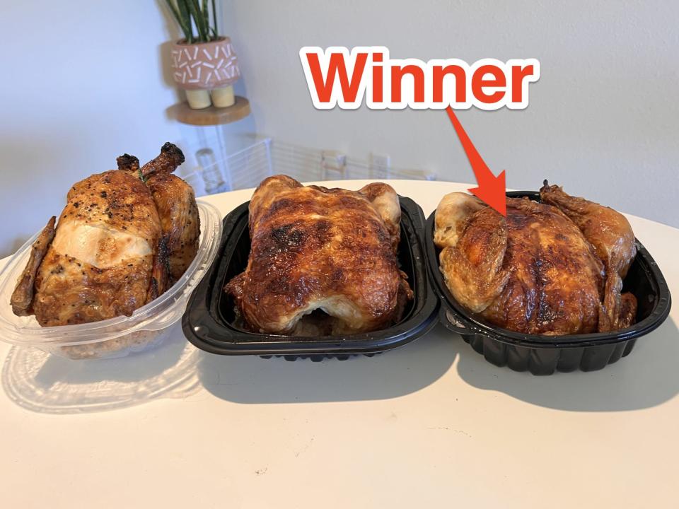 Three rotisserie chickens lined up on a white table. The right most chicken has a red arrow and 