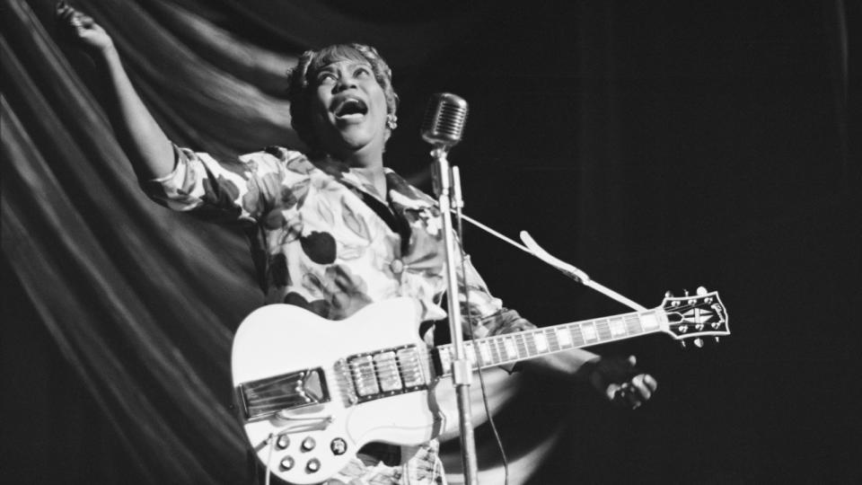  Sister Rosetta Tharpe (1915 - 1973) performs at a Blues and Gospel Caravan tour in the UK, 1964. 