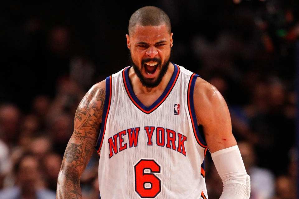 NEW YORK, NY - MAY 03: Tyson Chandler of the New York Knicks reacts in the first half against the Miami Heat in Game Three of the Eastern Conference Quarterfinals in the 2012 NBA Playoffs on May 3, 2012 at Madison Square Garden in New York City.