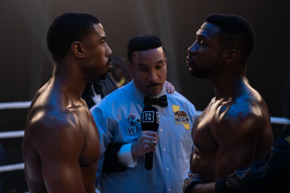 Adonis Creed (Michael B. Jordan, left) faces his childhood friend and new ring rival Damian Anderson (Jonathan Majors) in "Creed III."