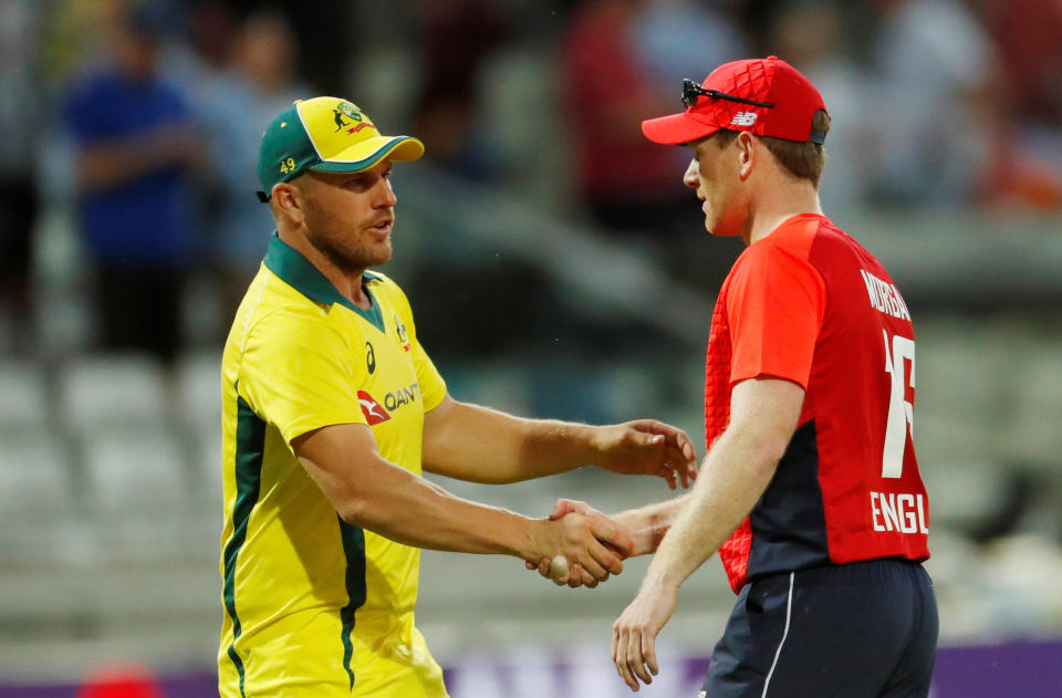 Cricket – England v Australia – International T20 – Edgbaston Cricket Ground, Birmingham, Britain – June 27, 2018 Australia’s Aaron Finch shakes hands with England’s Eoin Morgan at the end of the match Action Images via Reuters/Andrew Boyers