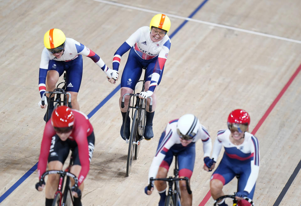 Great Britain's Katie Archibald (right) and Laura Kenny during the Women's Madison Final at the Izu Velodrome on the fourteenth day of the Tokyo 2020 Olympic Games in Japan. Picture date: Friday August 6, 2021.