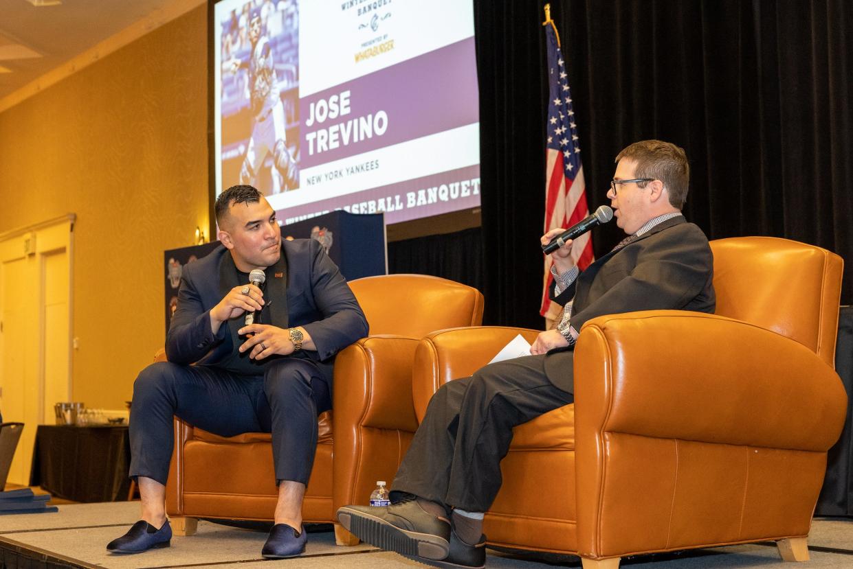 New York Yankees catcher Jose Trevino talks with Hooks broadcaster Michael Coffin during the South Texas Winter Baseball Banquet on Thursday, Jan. 26, 2023 at the Omni Hotel in Corpus Christi, Texas.