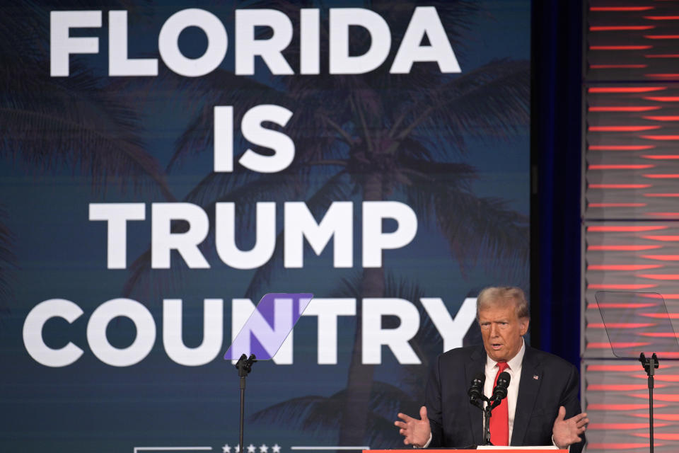Former President Donald Trump speaks at the Republican Party of Florida Freedom Summit, Saturday, Nov. 4, 2023, in Kissimmee, Fla. (AP Photo/Phelan M. Ebenhack)