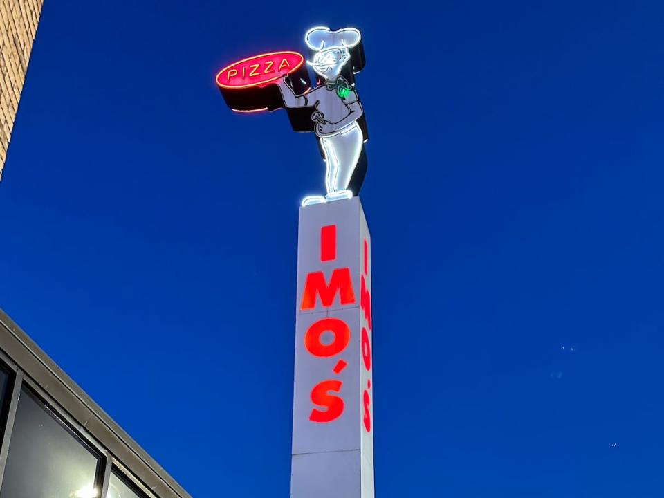 sign in front of the southtown imo's pizza in st. louis Missouri