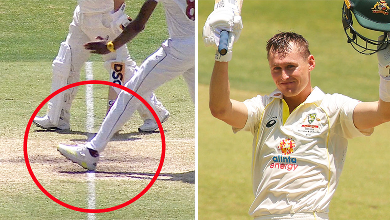 Marnus Labuschagne (pictured right) celebrates a century and (pictured left) a no-ball in the test match.