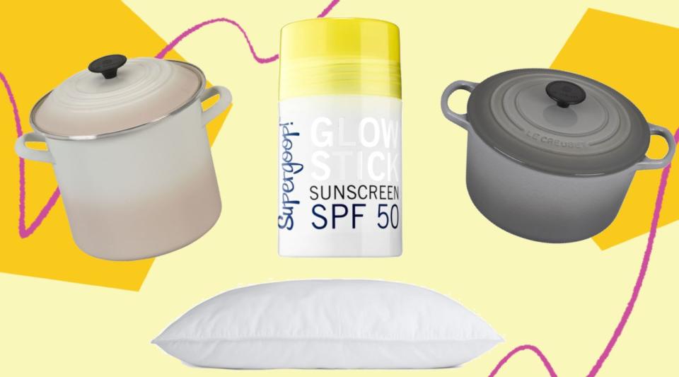 Le Creuset's colorful cookware, a sunscreen to get your glow on and a plushy pillow for sweet dreams &mdash; these are a few of HuffPost readers&rsquo; favorite things in April. (Photo: HuffPost )