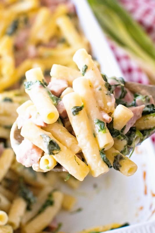 <p>Julie's Eats and Treats</p><p>This leftover ham and spinach casserole is stuffed with spinach, ham, cheese and ziti noodles for a delicious dinner recipe! Perfect recipe to use leftover ham up!</p><p><strong>Get the recipe: <a href="https://www.julieseatsandtreats.com/ham-and-spinach-casserole/" rel="nofollow noopener" target="_blank" data-ylk="slk:Leftover Ham and Spinach Casserole;elm:context_link;itc:0;sec:content-canvas" class="link ">Leftover Ham and Spinach Casserole</a></strong></p>