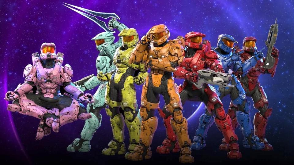 Halo characters in different color uniforms and poses from Rooster Teeth's Red vs Blue