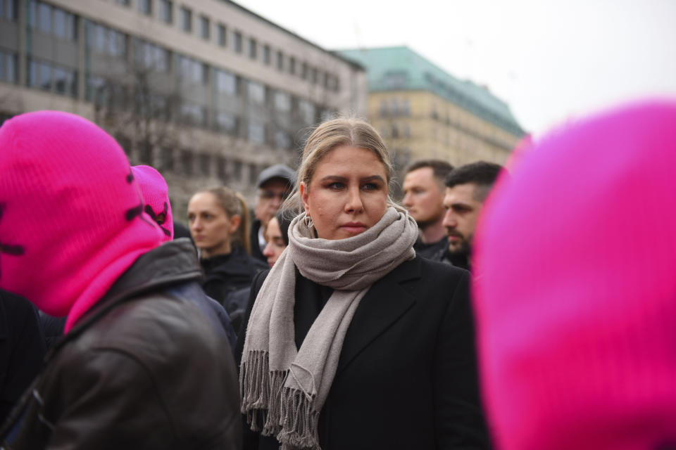 In this photo provide by protest group Pussy Riot on Sunday, Feb. 18, 2024, Lyubov Sobol, exiled ally of opposition leader Alexei Navalny attends a demonstration in front of the Russian Embassy, in relation to the death of Russian Opposition leader Alexei Navalny, in Berlin. The sudden death of Navalny, 47, was a crushing blow to many Russians, who had pinned their hopes for the future on President Vladimir Putin's fiercest foe. Navalny remained vocal in his unrelenting criticism of the Kremlin even after surviving a nerve agent poisoning and receiving multiple prison terms. (Pussy Riot/Nadya Tolokonnikova via AP)