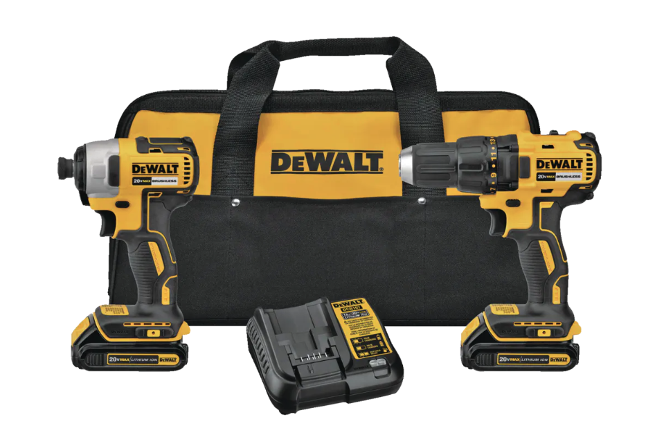 Dewalt Brushless Cordless Compact Drill/Driver & Impact Driver Combo Kit. Image via Canadian Tire.