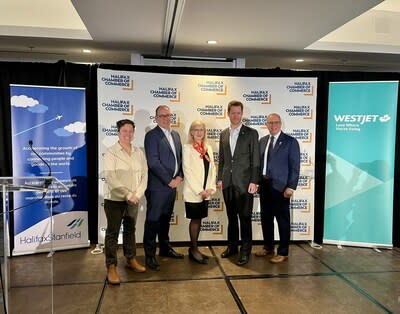 From left: Julie Shaw, Master Distiller, JD Shore, Jeff Chant, JD Shore, CEO, Halifax Distilling Company, Joyce Carter, President & CEO, Halifax International Airport Authority, Alexis von Hoensbroech, WestJet Group, CEO and Patrick Sullivan, President & CEO, Halifax Chamber of Commerce. (CNW Group/WESTJET, an Alberta Partnership)