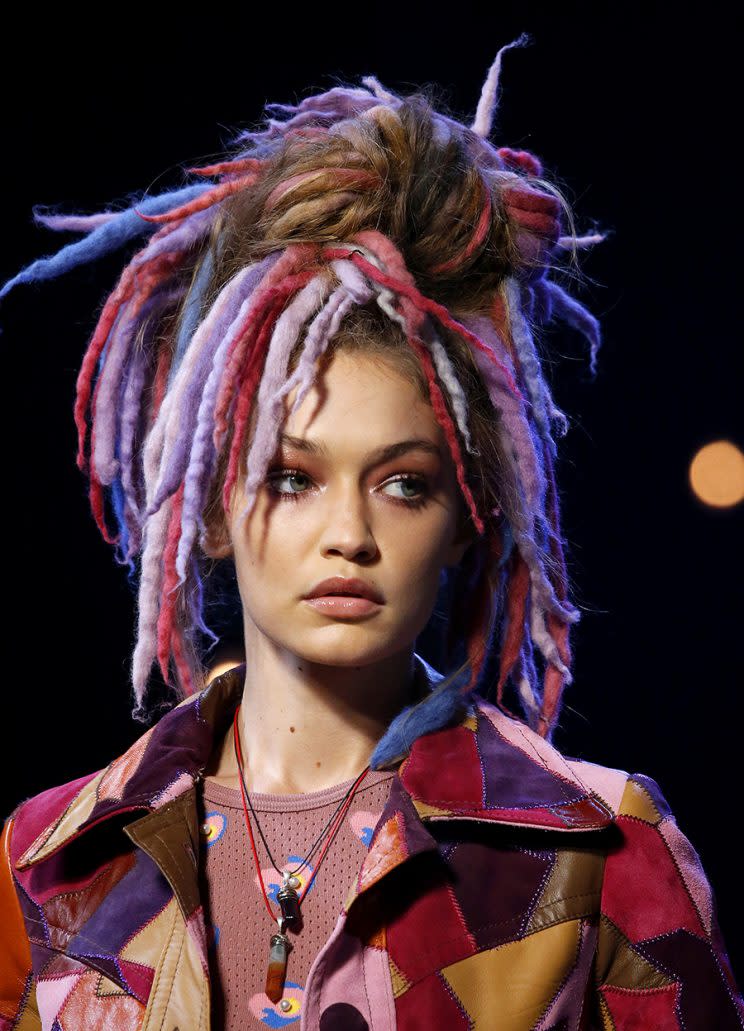 NEW YORK, NY - SEPTEMBER 15: Model Gigi Hadid with a Hairdress detail at the runway at the Marc Jacobs show on September 15, 2016 in New York City. (Photo by Estrop/WireImage)