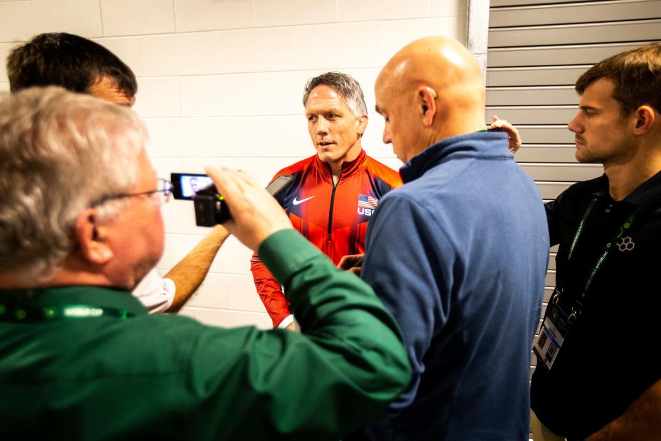 United States head coach Terry Steiner speaks with reporters during the United World Wrestling women's freestyle World Cup, Saturday, Dec. 10, 2022, at Xtream Arena in Coralville, Iowa. 
