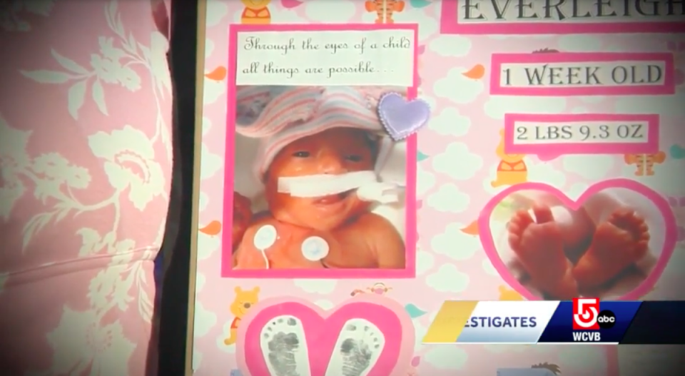 Alana Ross and Daniel McCarthy created a scrapbook to keep the memory of their premature baby, Everleigh, alive after they were unable to bury her remains next to Mr McCarthy’s grandmother (WCVB News/video screengrab)