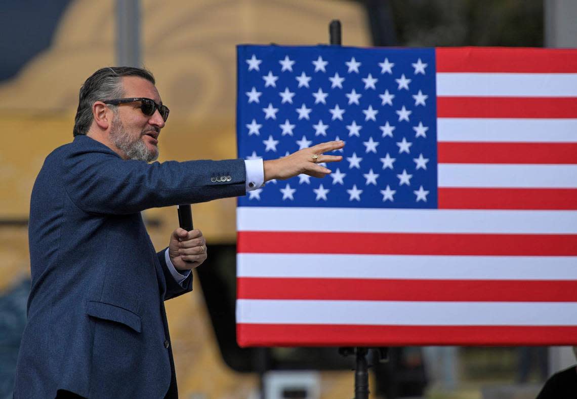 Sen. Ted Cruz addresses the crowd while making a stop in Ottawa, Kansas, on Friday, Oct. 14, 2022, to endorse Amanda Adkins, the Republican candidate in Kansas’ 3rd Congressional District, in the November election.