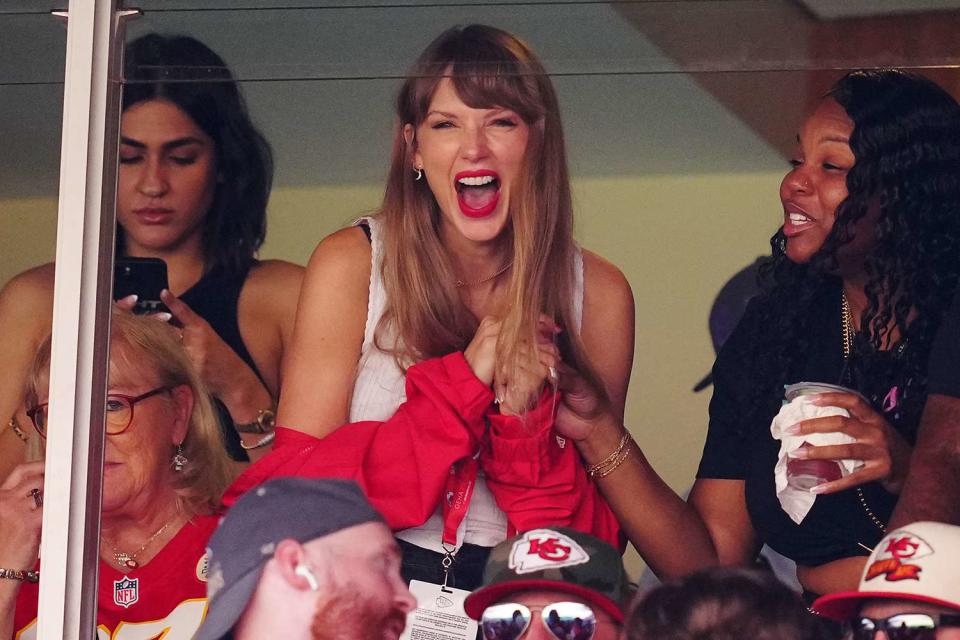 <p>Jason Hanna/Getty</p> Taylor Swift watches the Kansas City Chiefs game on Sept. 24, 2023