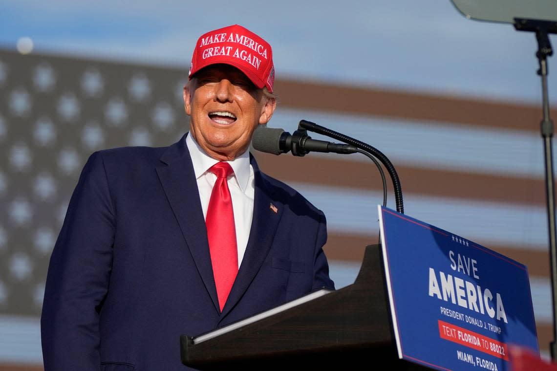 Former President Donald Trump speaks at a campaign rally in support of the campaign of Republican Sen. Marco Rubio at the Miami-Dade County Fair and Exposition on Sunday, Nov. 6, 2022, in Miami.