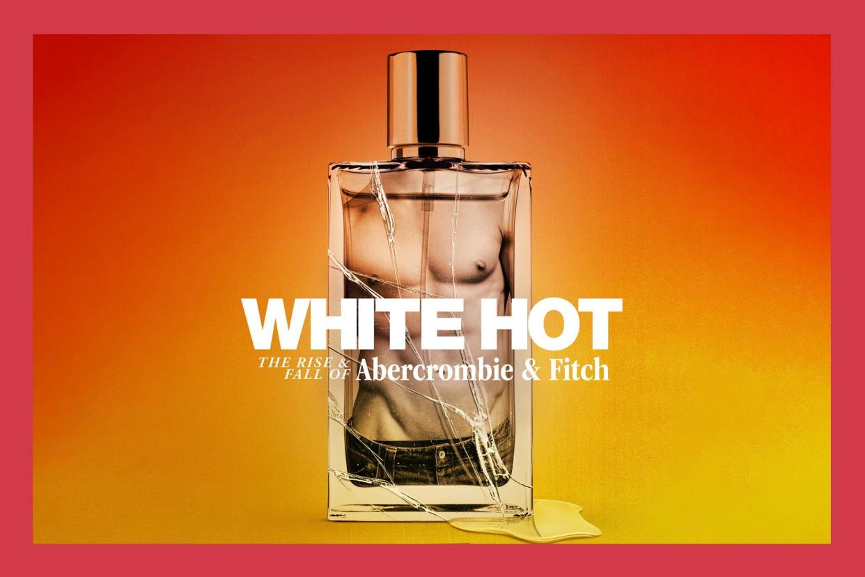 Promotional Poster of Netflix's White Hot: the Rise &amp; Fall of Abercrombie &amp; Fitch; broken perfume bottle with fit male model on bottle