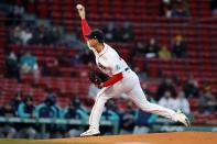 Boston Red Sox's Nick Pivetta pitches during the first inning of the team's baseball game against the Seattle Mariners, Thursday, April 22, 2021, in Boston. (AP Photo/Michael Dwyer)