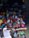 West Indies batsman Adrian Barath plays a shot off Australian bowler Ryan Harris to be caught out during the first day of the first-of-three Test matches between Australia and West Indies at the Kensington Oval stadium in Bridgetown on April 7, 2012. West Indies won the toss and elected to bat first. AFP PHOTO/Jewel Samad (Photo credit should read JEWEL SAMAD/AFP/Getty Images)