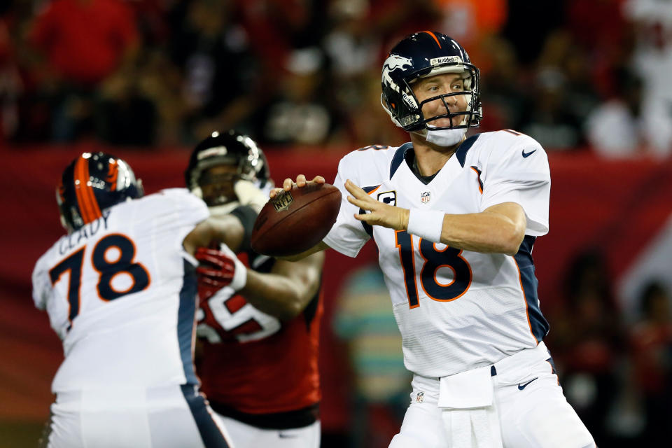 ATLANTA, GA - SEPTEMBER 17: Quarterback Peyton Manning #18 of the Denver Broncos looks turnover throw the ball against the Atlanta Falcons during their game at the Georgia Dome on September 17, 2012 in Atlanta, Georgia. (Photo by Kevin C. Cox/Getty Images)