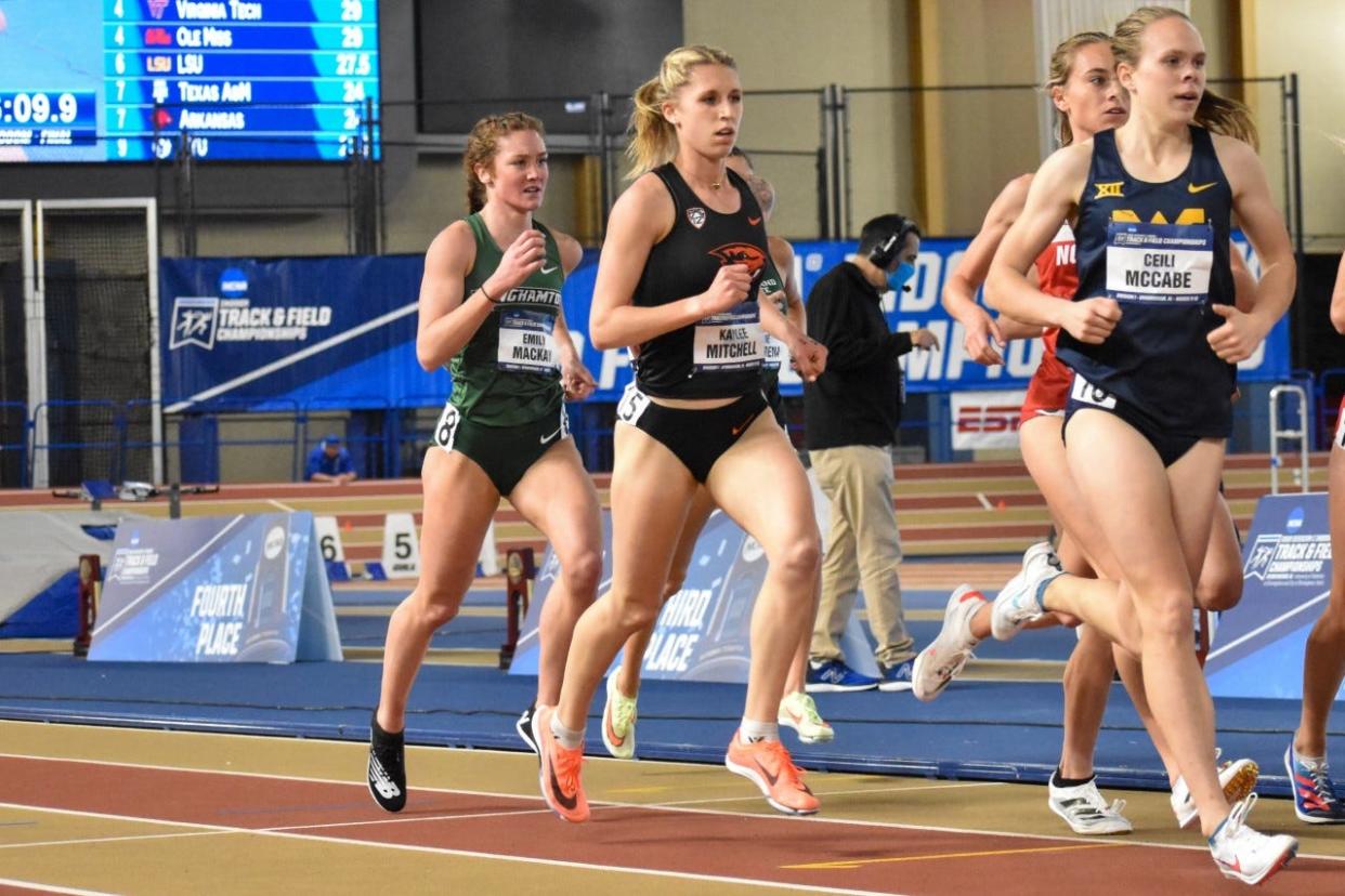 Kaylee Mitchell, second from left, competes in the indoor NCAA track and field championships last season. Mitchell, a Sprague graduate, set the Oregon State school record Saturday in the indoor 3,000 meters.