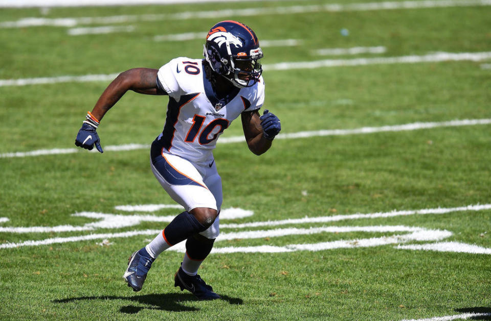 Jerry Jeudy #10 of the Denver Broncos in action during the game against the  Pittsburgh Steelers at Heinz Field on September 20, 2020, in Pittsburgh, Pennsylvania. / Credit: Joe Sargent / Getty Images