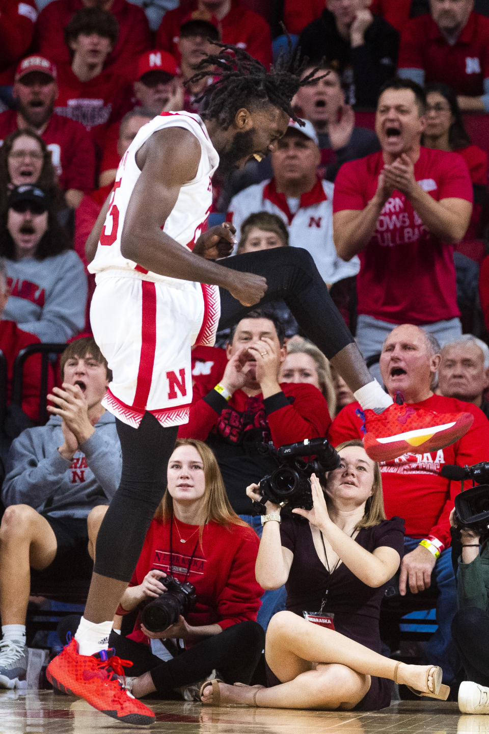 Nebraska's Juwan Gray reacts after getting fouled while scoring against Purdue during the first half of an NCAA college basketball game, Saturday, Dec. 10, 2022, at Pinnacle Bank Arena in Lincoln, Neb. (Kenneth Ferriera/Lincoln Journal Star via AP)