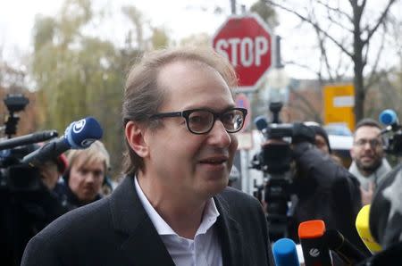 Alexander Dobrindt of the Christian Social Union in Bavaria arrives at the CDU headquarters for exploratory talks about forming a new coalition government in Berlin, Germany, November 18, 2017. REUTERS/Hannibal Hanschke