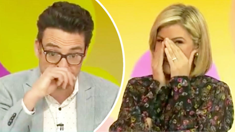 Joe Hildebrand and Sarah Harris in tears following Joe's on-air announcement that he's quitting Studio 10