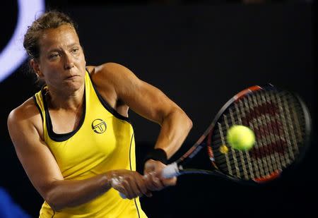 Czech Republic's Barbora Strycova hits a shot during her third round match against Spain's Garbine Muguruza at the Australian Open tennis tournament at Melbourne Park, Australia, January 23, 2016. REUTERS/Jason Reed