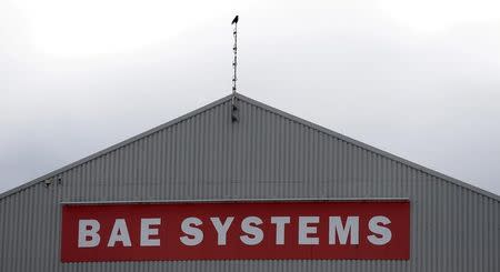A sign adorns a hangar at the BAE Systems facility in Salmesbury, Britain, March 10, 2016. REUTERS/Phil Noble/File Photo