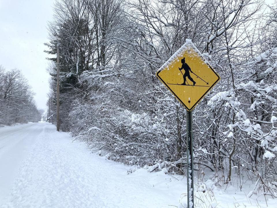 As snow falls, a sign warns drivers of cross-country skiers in the area near Catamount Outdoor Family Center in Williston on Jan. 23, 2023.