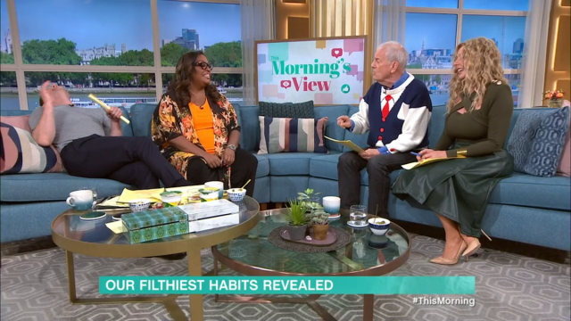 Dermot O&#x002019;Leary and Allison Hammond laugh after Carol Vorderman asks how often pants need to be changed (ITV/This Morning)