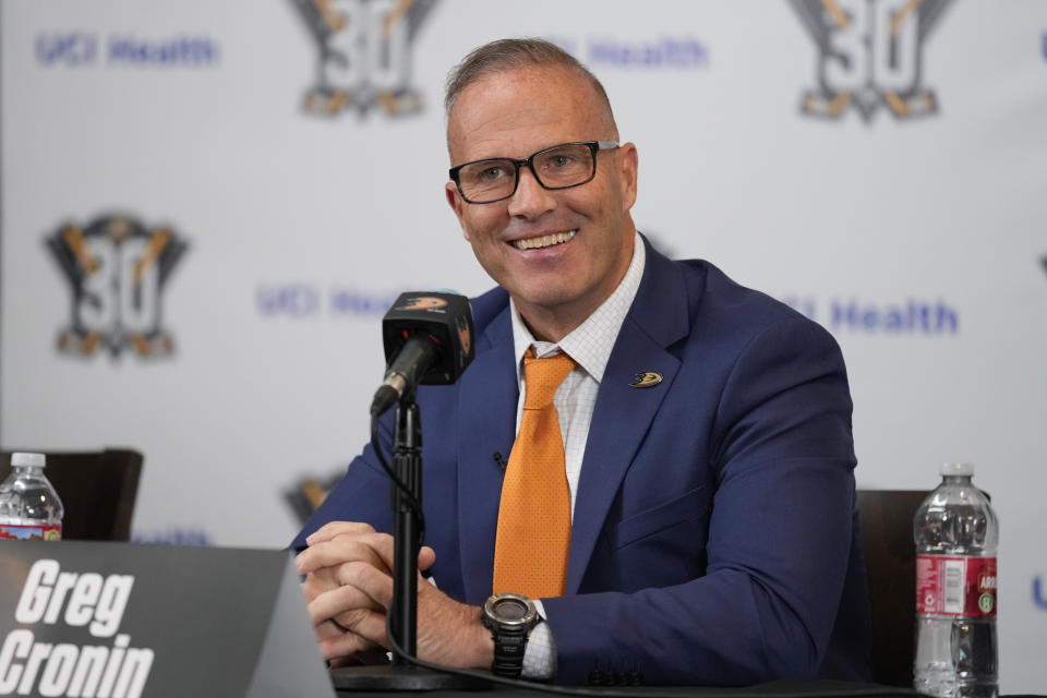 Greg Cronin speaks to reporters during a press conference announcing hime as the new head coach of the Anaheim Ducks in Anaheim, Calif., Monday, June 5, 2023. (AP Photo/Ashley Landis)