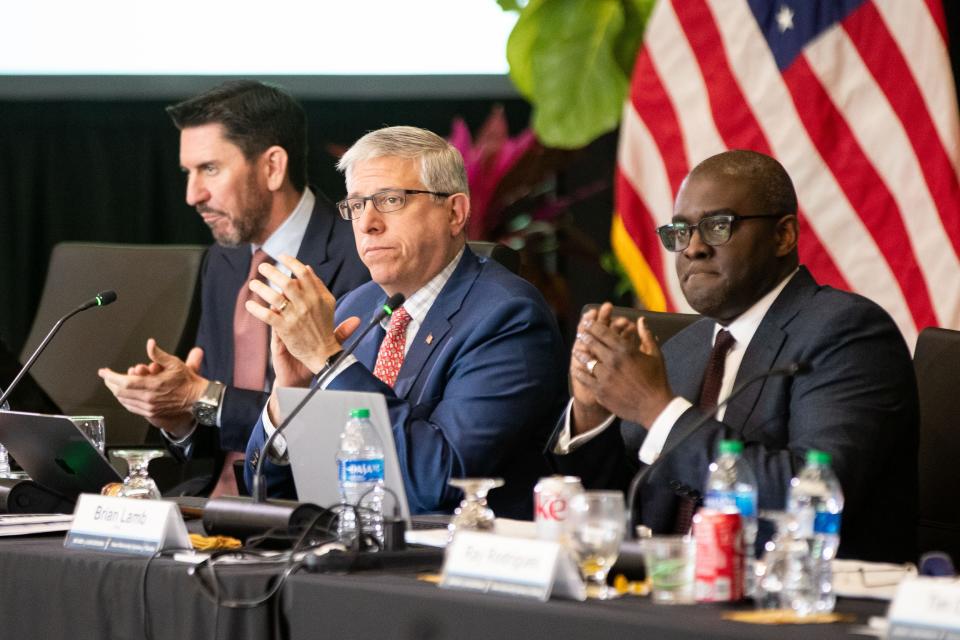 Florida Board of Governors Chair Brian Lamb (right) and Vice Chair Alan Levine (left) direct a meeting that was held in the Florida State University Student Union on Wednesday, Jan. 24, 2024.