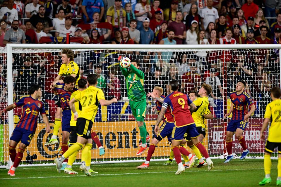 Crew goalkeeper Nicholas Hagen blocks a shot against Real Salt Lake on Saturday.