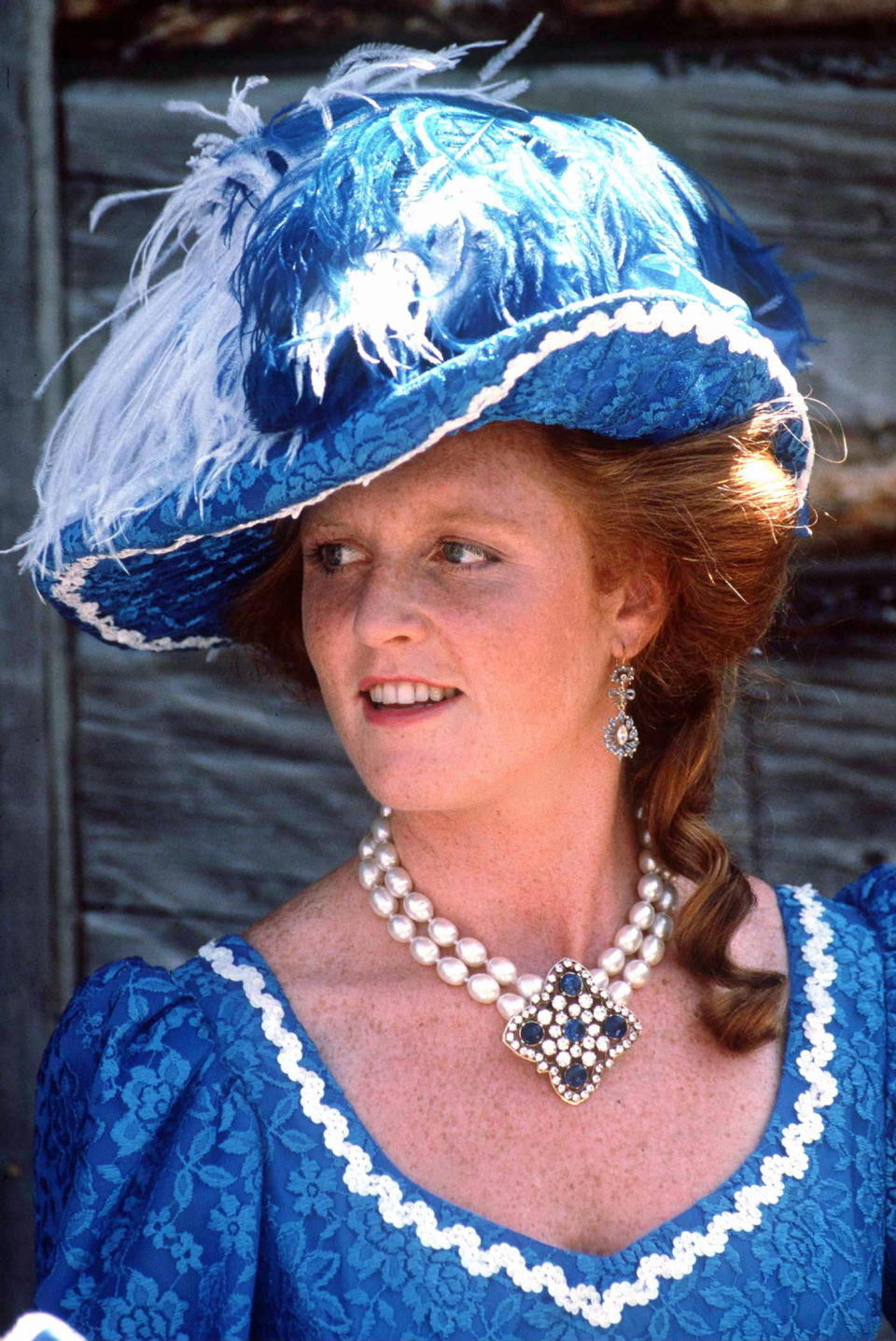 Sarah, Duchess of York, wears a large blue and white hat during a visit to&nbsp;Fort Edmonton, Canada, in July 1987.