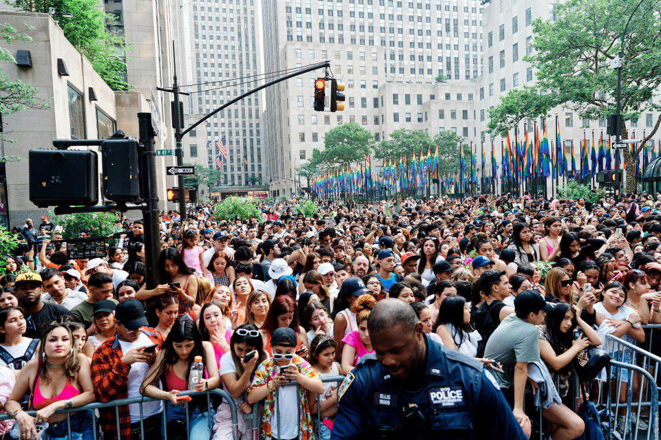 A large crowd of people watch Karol G perform on 30 rock plaza for the TODAY show.  (Tyler Essary / TODAY)