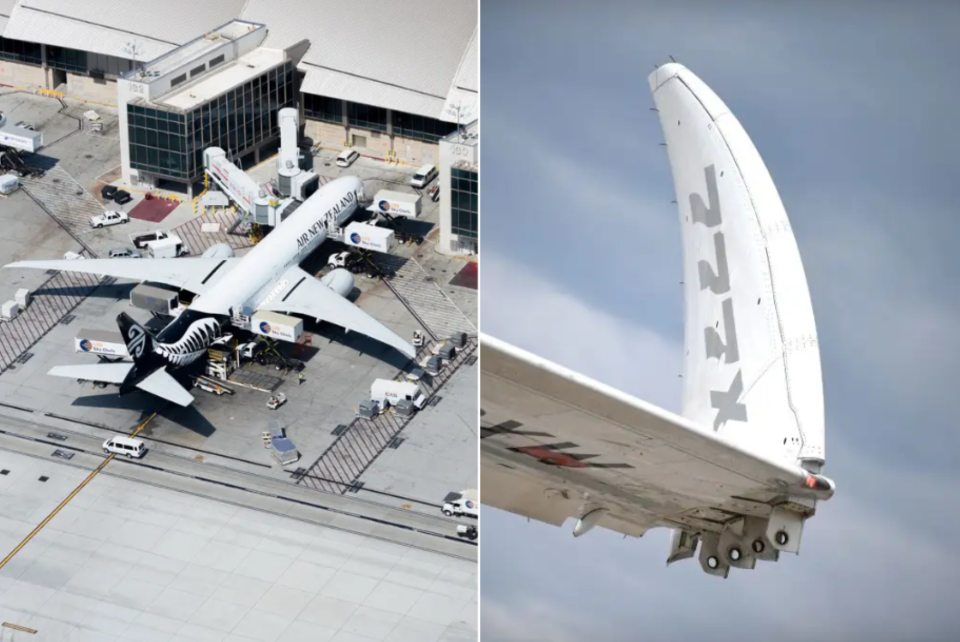 Die klappbaren Flügelspitzen der 777X helfen dem Riesenflugzeug, in bereits gebaute 777-Gates zu passen, wie die abgebildete klassische 777 von Air New Zealand. - Copyright: Thiago B Trevisan/Shutterstock, Julien de Rosa/AFP via Getty Images