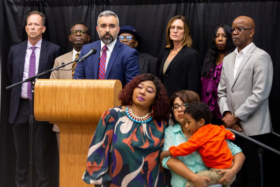 Attorney General Raúl Torrez holds a news conference to announce charges against LCPD officer, Brad Lunsford, for the death of Presley Eze on Tuesday, Oct. 3, 2023, at the Las Cruces Convention Center.