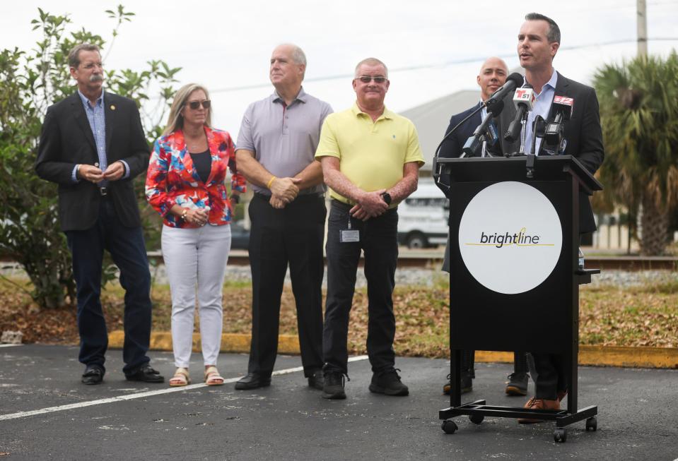 "The decision to select Stuart was driven by a number of key factors, including the location and physical characteristics of the site, 2.5 acres in the heart of downtown would be a great place to house our Treasure Coast hub," said Brian Kronberg, Brightline senior vice president of construction and development, during Brightline's official announcement of the first Treasure Coast railroad station at 500 Southeast Flagler Ave. in downtown Stuart on Monday, March 4, 2024. U.S. Rep. Brian Mast, R-Fort Pierce, and county and city leaders spoke during the event.