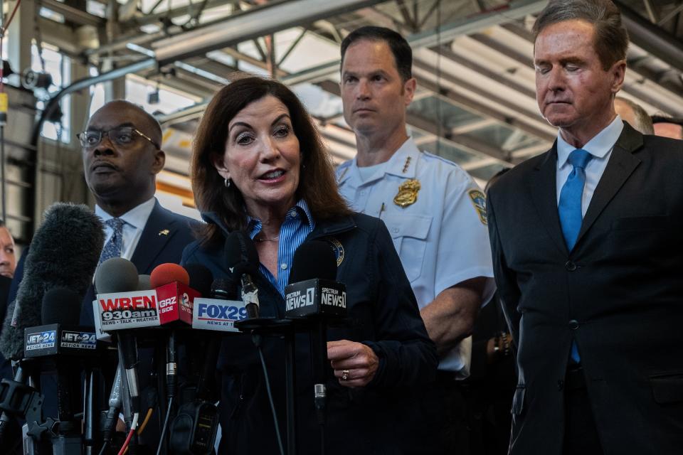 New York Gov. Kathy Hochul addresses a press conference in New York on Sunday, May 15, 2022, about the racially motivated mass shooting that left ten victims dead and several wounded at a Tops supermarket in Buffalo the day before. (Malik Rainey/The New York Times)