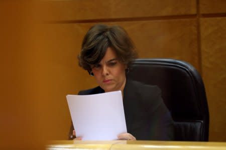 FILE PHOTO: Spain's Deputy Prime Minister Soraya Saenz de Santamaria attends an upper house Senate committee meeting in Madrid, Spain. October 26, 2017. REUTERS/Susana Vera/File Photo