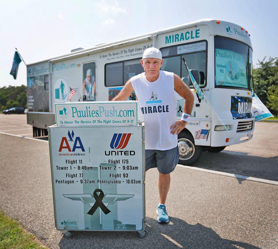 Paul Veneto, a former flight attendant who knew flight crew members who died on 9/11, is planning another trek. He plans to push an airline beverage cart from Newark Airport to Shanksville, Pennsylvania, to honor those who died on United Flight 93. Wednesday, July 26, 2023.