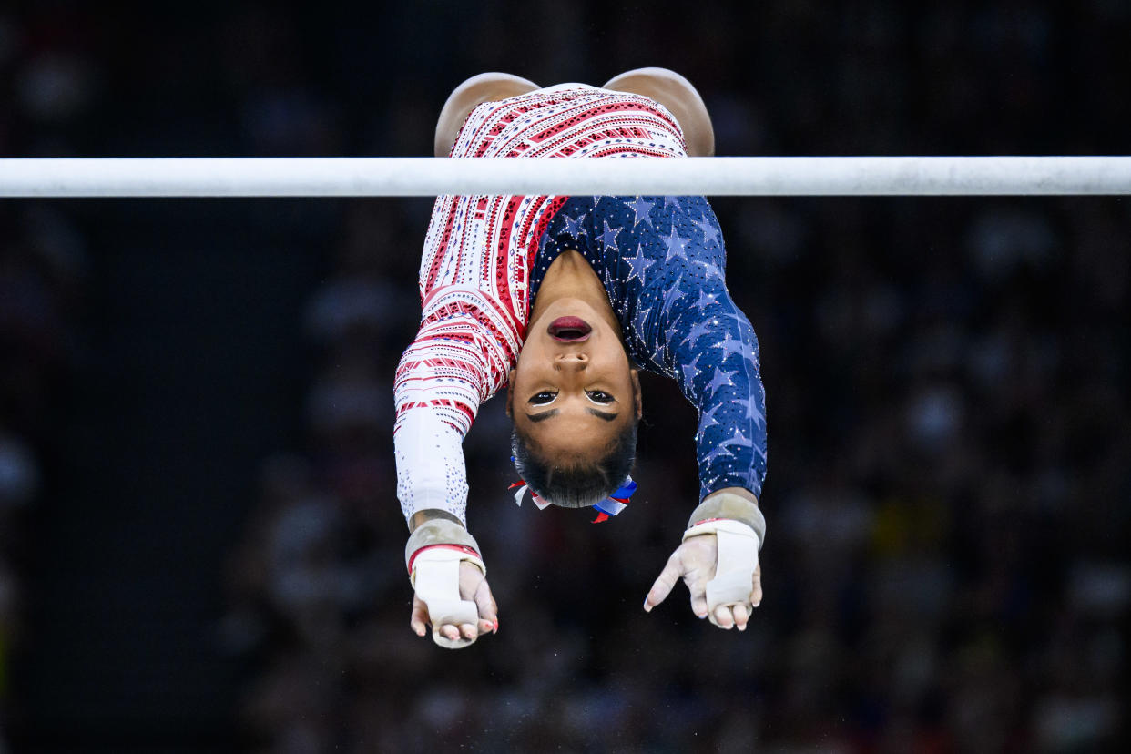 Jordan Chiles competes on the uneven bars during the women's team finals. (Tom Weller/VOIGT/GettyImages)