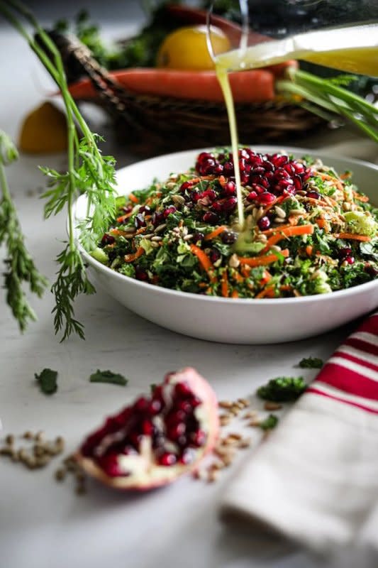 <p>Desi~licious RD</p><p>This could be your go-to easy salad recipe. Packed with a medley of fresh and crunchy ingredients like broccoli, kale, carrots, pomegranate and pumpkin seeds - super nourishing and YUMMY! Tossed in a tangy dressing that's the perfect match.</p><p><strong>Get the recipe: <a href="https://shahzadidevje.com/15-minute-easy-salad-recipe/" rel="nofollow noopener" target="_blank" data-ylk="slk:15-Minute Easy Salad Recipe;elm:context_link;itc:0;sec:content-canvas" class="link rapid-noclick-resp">15-Minute Easy Salad Recipe</a></strong></p>